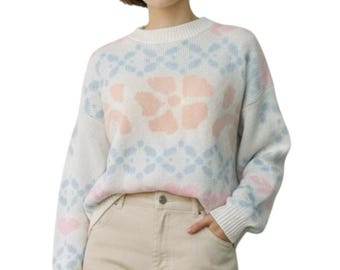 Vintage Cabin Creek Pastel Hearts & Floral Knit Sweater Fairy Kei Kawaii Size S