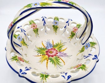 アンティーク ポルトガル 鮮やかなコバルトブルー ホワイト 花柄 陶器 手描き バスケット