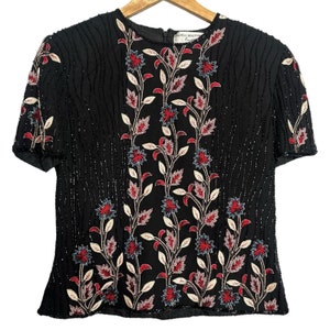 Vintage Adrianna Papell sidenbroderad blus med pärlor och blommigt tryck, storlek S bild 1