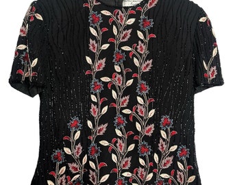 Vintage Adrianna Papell seda bordado con cuentas blusa floral Top US Tamaño S