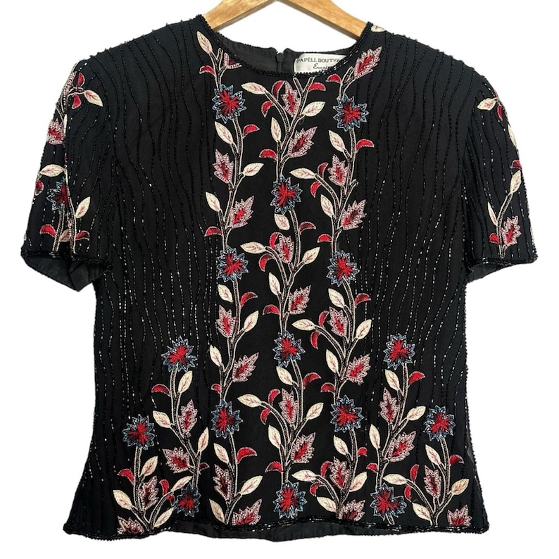 Vintage Adrianna Papell sidenbroderad blus med pärlor och blommigt tryck, storlek S bild 1