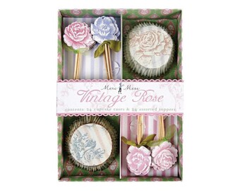 Meri Meri Vintage Rose Cupcake Kit with 24 floral cases, 24 rose toppers Birthday Bridal Shower Party Favors