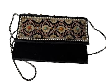 Vintage Black Velvet Zardozi Zari Embroidered Gemstone Evening Bag