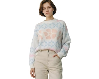 Vintage Cabin Creek Pastel Hearts & Floral Knit Sweater Fairy Kei Kawaii Size S