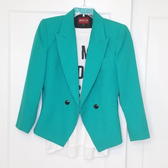 Vintage Sasson Teal Power Suit Tuxedo Cut Blazer