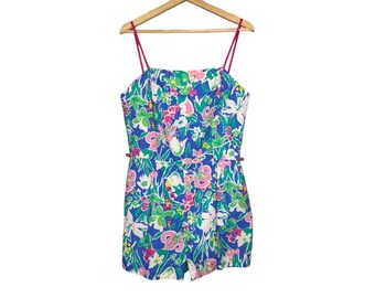 Vintage 60s 70s Sea Waves Pastel Floral Playsuit Romper US Size 14