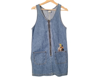 Vintage 90s Looney Tunes Warner Bros Embroidered Denim Jumper Dress Size S