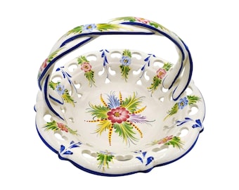 Antique Portugal Vibrant Cobalt Blue White Floral Ceramic Hand Painted Basket