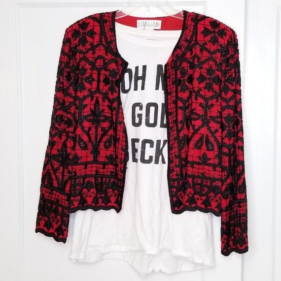 Vintage Red & Black 100% Silk Beaded Jacket Sequin