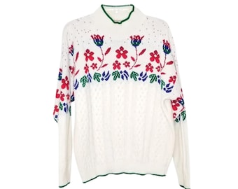 Vintage 80s Mock Neck Cable Knit Floral Sweater