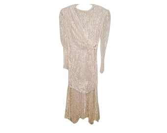 Vintage 1980s Blush Pink Lace Wedding Dress
