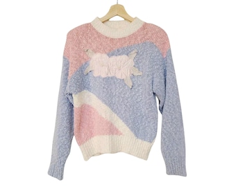Vintage 80s Cottagecore Floral Satin Embellished Pearl Applique Sweater