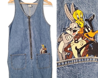 ヴィンテージ 90 年代 ルーニー・テューンズ ワーナー・ブラザーズ 刺繍入り デニム ジャンパー ドレス サイズ S