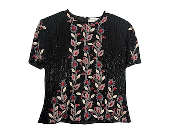 Vintage Adrianna Papell Silk Embroidered Beaded Floral Blouse Top US Size S
