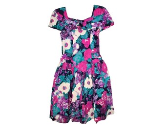 Vintage 90s Jewel Tone Floral Bow Cocktail Dress
