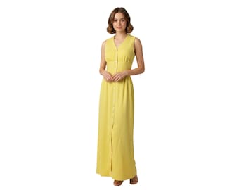 Vintage 1970s Miss Continental Canary Yellow Sleeveless Midi Dress