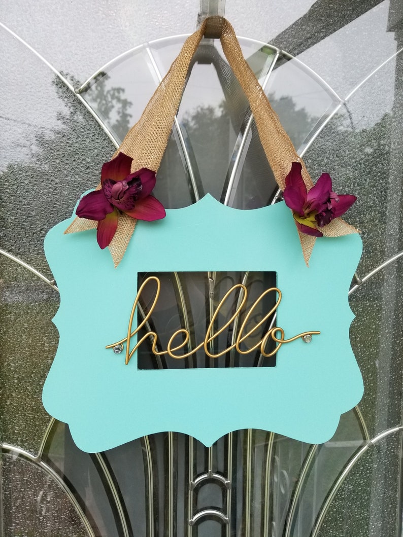 Large Oversize Robin/'s Egg Blue Hello Frame with Burlap Ribbon and Purple Iris Accents Door Hanger