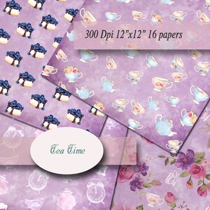 Tea Time Digital Papers Scrapbooking Paper Digital Background  Printable Shabby Chic Decoupage Scrapbook 300Dpi 12&quot;x12&quot; 16 papers