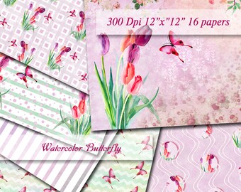 Watercolor Butterfly Tulip Digital Papers Scrapbooking Green Pink Paper Digital Background  Printable Decoupage Scrapbook  300Dpi 12"x12"