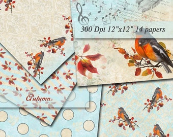Autumn Digital Papers Scrapbooking Green Yellow Orange Mint  Paper Digital Background  Printable Decoupage Scrapbook  300Dpi 12"x12"