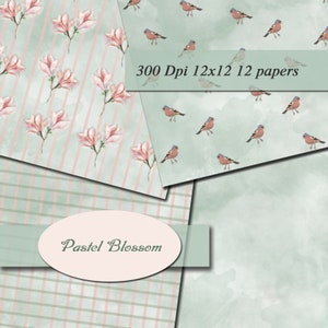 May include: A collection of digital papers with watercolor designs. The papers feature floral patterns with pink blossoms, striped and plaid backgrounds, and small bird illustrations. The text "Pastel Blossom" is displayed on an oval. The papers are labeled as 300 DPI, 12x12 inches, and 12 papers.