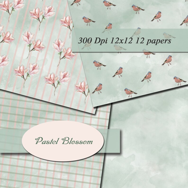 May include: A collection of digital papers with watercolor designs. The papers feature floral patterns with pink blossoms, striped and plaid backgrounds, and small bird illustrations. The text "Pastel Blossom" is displayed on an oval. The papers are labeled as 300 DPI, 12x12 inches, and 12 papers.