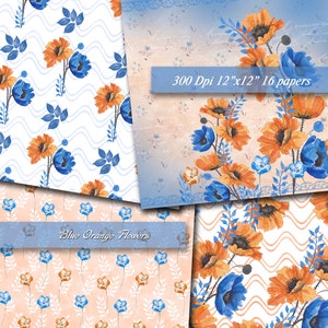 Blue Orange Flowers Digital Papers Scrapbooking Floral Paper Digital Background Printable Decoupage Scrapbook  300Dpi 12&quot;x12&quot;