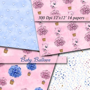 Baby Balloon Digital Papers Blue Pink  Scrapbooking Paper Digital Background Printable Decoupage Scrapbook 300Dpi 12&#39;&#39;x12&#39;&#39; 14 papers