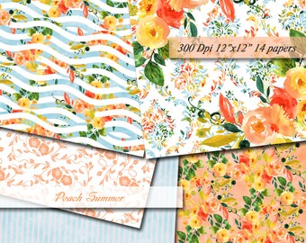 Melocotón verano acuarela digital papeles Scrapbooking melocotón azul floral papel digital fondo imprimible Decoupage Scrapbook 300Dpi 12"x12"