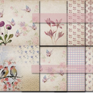 Vintage Blossom  Digital Papers Scrapbooking Paper Digital Background  Printable Shabby Chic Decoupage Scrapbook 300Dpi 12&quot;x12&quot; 14 papers