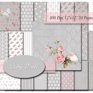 Bébé papiers digitaux perle gris oiseau Rose Rose Scrapbooking papier fond numérique découpage imprimable Scrapbook 300 Dpi 12'' x 12'' 20papers