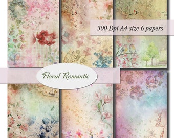 Floral Romantic Digital Papers Scrapbooking Paper Digital Background Printable Shabby Chic Decoupage Scrapbook A4 size 300Dpi