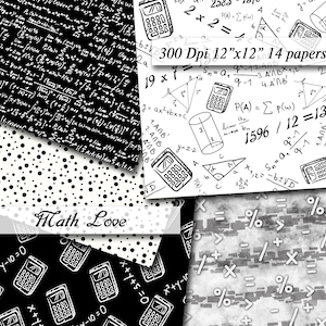 Op de afbeelding: Een verzameling van 14 papieren met wiskundige vergelijkingen, formules en rekenmachine-illustraties. De papieren bevatten verschillende patronen, waaronder vergelijkingen, stippen en wiskundige symbolen. De tekst "Math Love" is ook aanwezig.