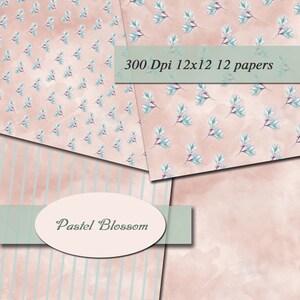 May include: Digital paper pack featuring a pastel color palette. The design includes floral patterns with light blue blossoms on a pink background, along with striped and watercolor textures. The text "Pastel Blossom" is displayed.