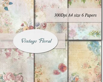 Vintage Floral  Digital Papers Scrapbooking Paper Digital Background Printable Shabby Chic Decoupage Scrapbook 300Dpi A4 size 6 papers