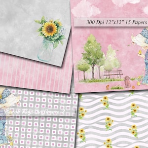 Sarah Kay Sunflowers 2 Digital Papers Scrapbooking Sarah Kay Digital Paper Printable Decoupage Scrapbook  300Dpi 12&quot;x12&quot;