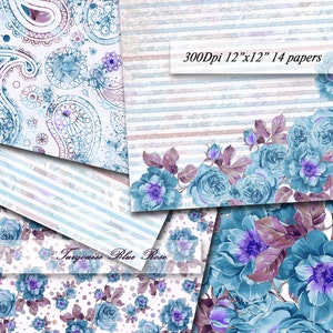 Turqouise Blue Rose Digital Papers Scrapbooking Turqouise Blue Brown Paper Digital Background  Printable Decoupage Scrapbook  300Dpi 12&quot;x12&quot;