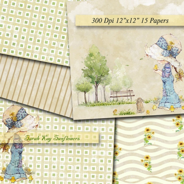 Sarah Kay Sunflowers Digital Papers Scrapbooking Sarah Kay Papier numérique Imprimable Decoupage Scrapbook 300Dpi 12"x12"