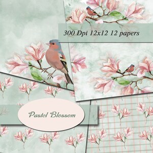 Pastel Blossom Digital Papers Scrapbooking Paper Digital Background  Printable Decoupage Scrapbook  300Dpi 12&quot;x12&quot; 12 papers