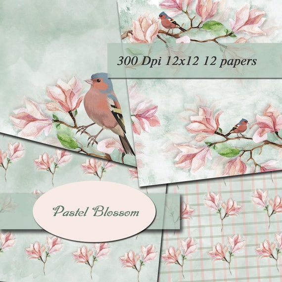 Pastel Blossom Digital Papers Scrapbooking Paper Digital Background  Printable Decoupage Scrapbook  300Dpi 12"x12" 12 papers