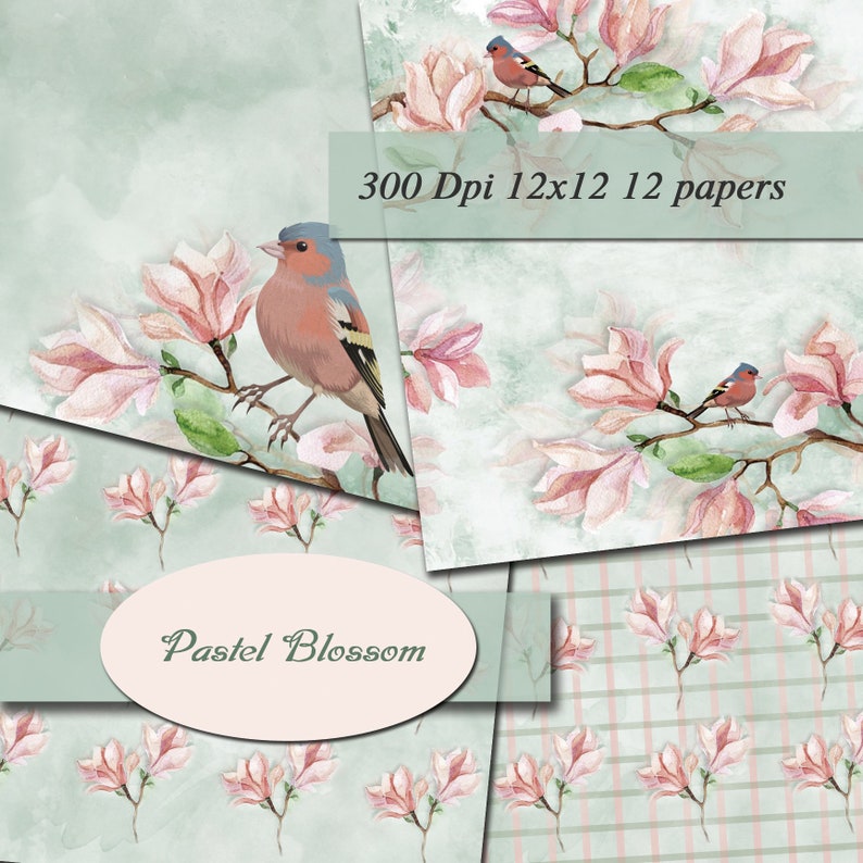 May include: A collection of digital papers featuring watercolor illustrations of birds perched on magnolia branches with pink blossoms. The papers have a soft, pastel color palette and include the text "Pastel Blossom" and "300 Dpi 12x12 12 papers".