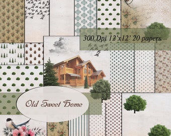 Old Sweet Home Digital Papers Scrapbooking Paper Digital Background  Printable Decoupage Scrapbook  300Dpi 12"x12" 20 papers