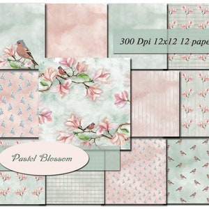 Pastel Blossom Digital Papers Scrapbooking Paper Digital Background Printable Decoupage Scrapbook 300Dpi 12"x12" 12 papers image 2