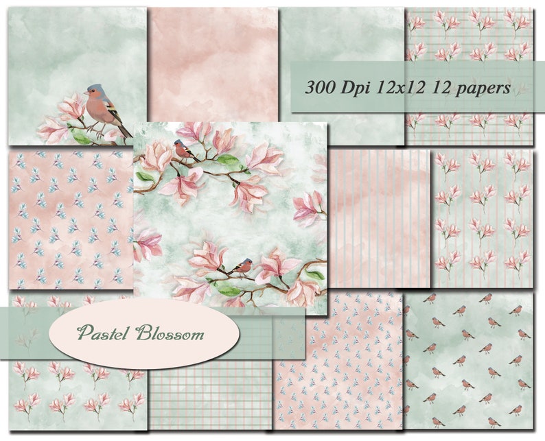 Pastel Blossom Digital Papers Scrapbooking Paper Digital Background Printable Decoupage Scrapbook 300Dpi 12"x12" 12 papers image 2