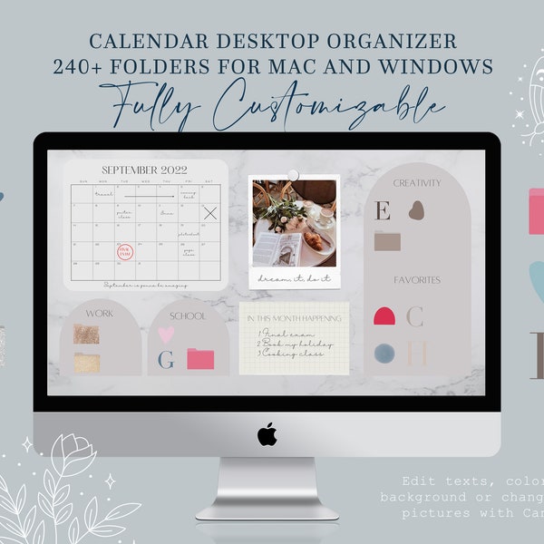EDITABLE Calendar Desktop Organizer | 240+ folder icons covers for Mac + Windows | Change Colors, text | Minimalist Wallpaper | VIENNA