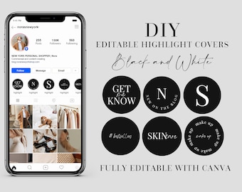 Editable Instagram Higlight Covers for business owners, bloggers, photographers | Minimalist, black Canva Template | Instagram Story Icons