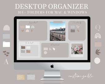 Desktop organizer wallpaper for MAC and WINDOWS with 100+ folder covers in neutral colors | Abstract hand drawn + alphabet elemenths