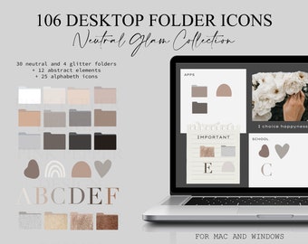 106 Natural and GLAM MAC + WINDOWS Desktop Folder Covers Icons | Beige, Nude desktop organizer folders | Alpabeth + Hand drawn elements