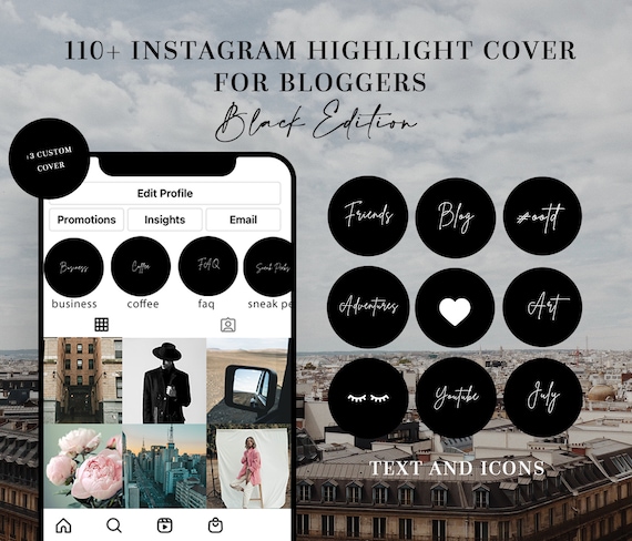 110 Instagram Highlight Cover black text and icons | Etsy