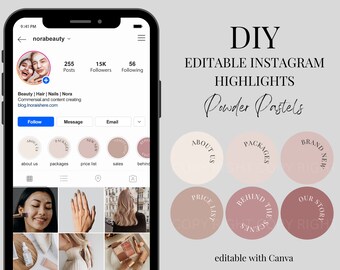 May include: DIY Editable Instagram Highlights in powder pastel colors. The highlights include "About Us", "Packages", "Brand New", "Price List", "Behind the Scenes", and "Our Story".